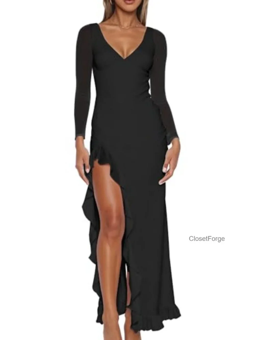 Slim Fit Bodycon Maxi Dress Long Sleeve V-Neck High Slit